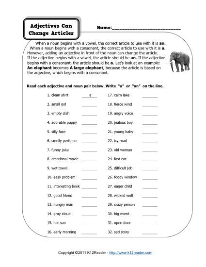worksheets for grade 1 articles adjectives can change articles 1st grade adjective for grade 1 worksheets articles 